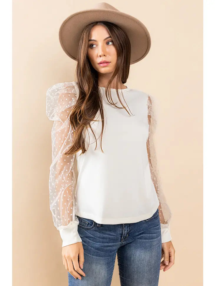 White Ribbed Top with Mesh Sleeves