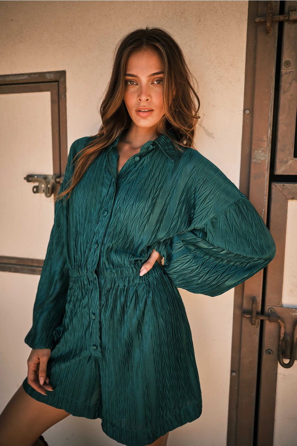 Textured Button Down Romper