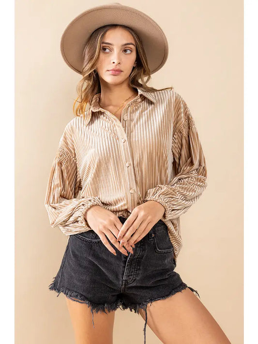 Champagne Striped Velvet Button Down