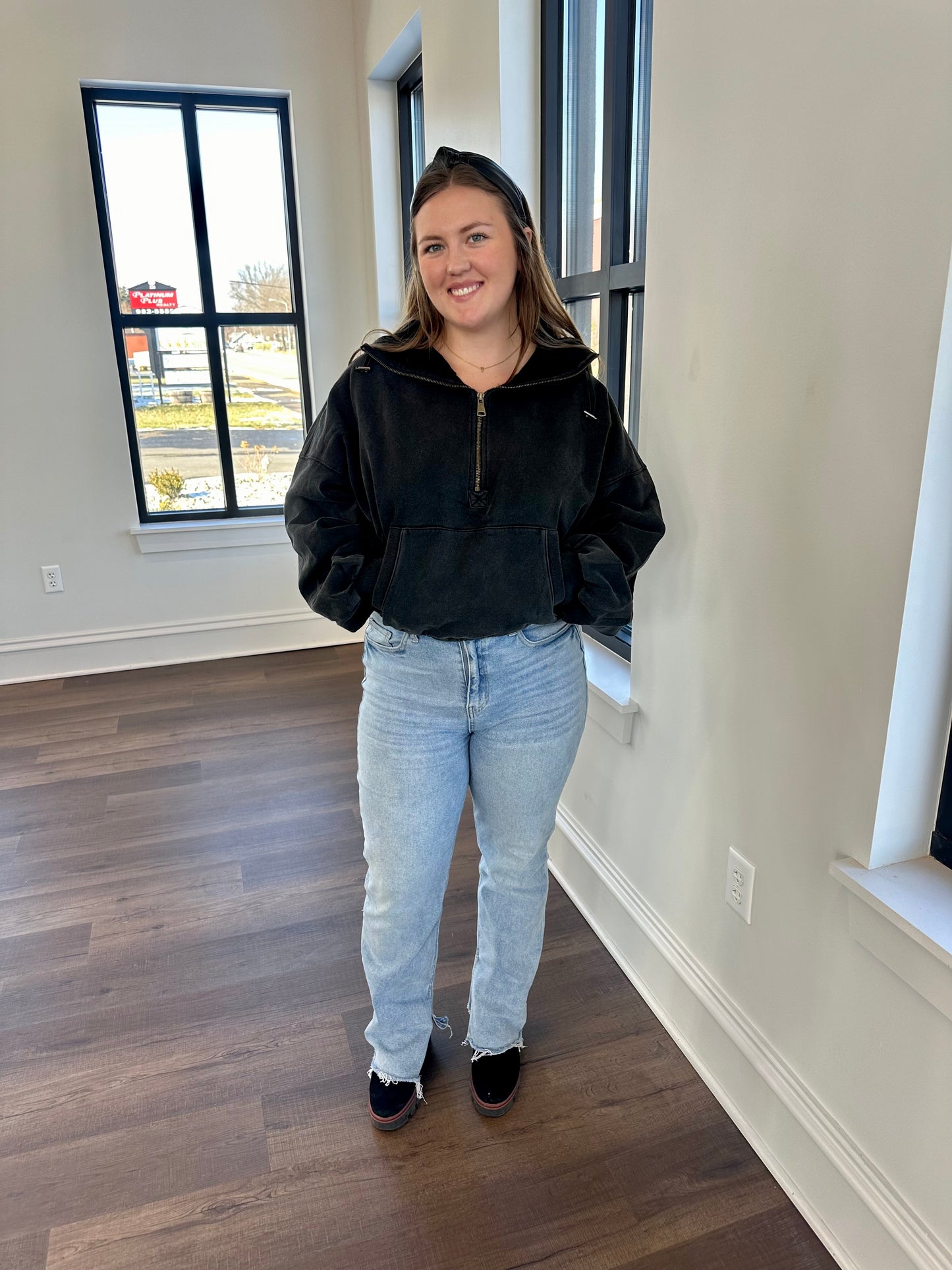 Black Washed Half Zip Pullover Hoodie