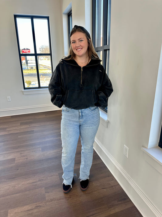 Black Washed Half Zip Pullover Hoodie