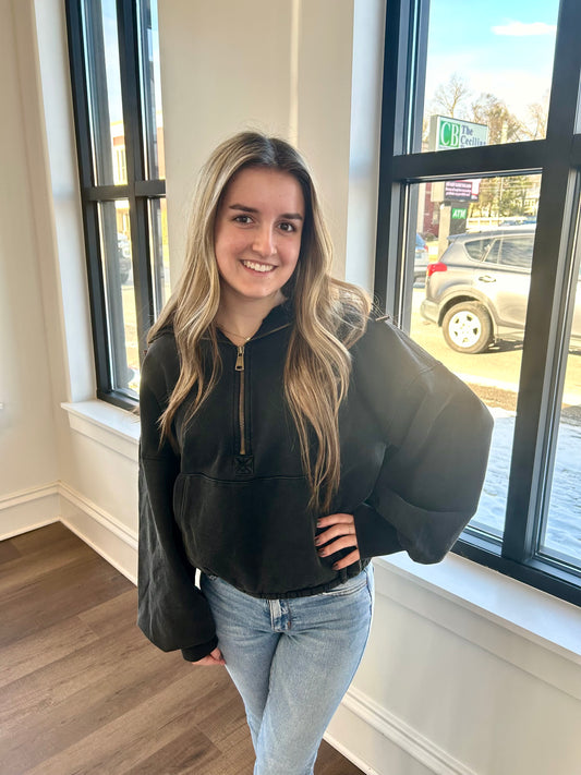 Black Washed Half Zip Pullover Hoodie