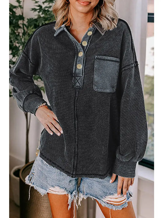 Tiffany Waffle Pocket Henley Top